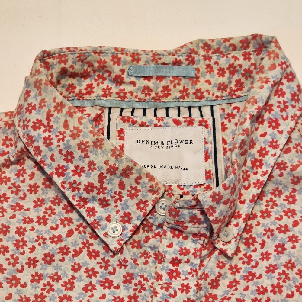 Denim & Flower Men Size XL Red/Blue Floral Short Sleeve Dress Shirt Ricky Singh